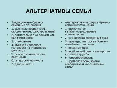 АЛЬТЕРНАТИВЫ СЕМЬИ Традиционные брачно-семейные отношения 1. законные (юридич...