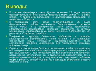 Выводы: В составе бентофауны озера Долгое выявлено 28 видов водных беспозвоно...