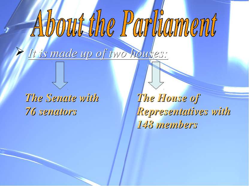 It is made up of two houses: The Senate with 76 senators The House of Represe...