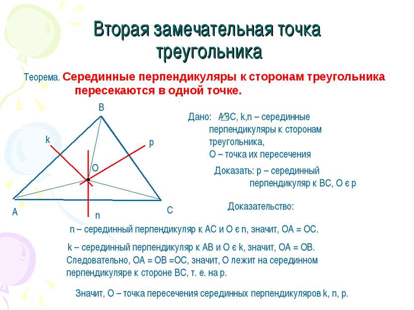 Вторая замечательная точка треугольника Теорема. Серединные перпендикуляры к ...