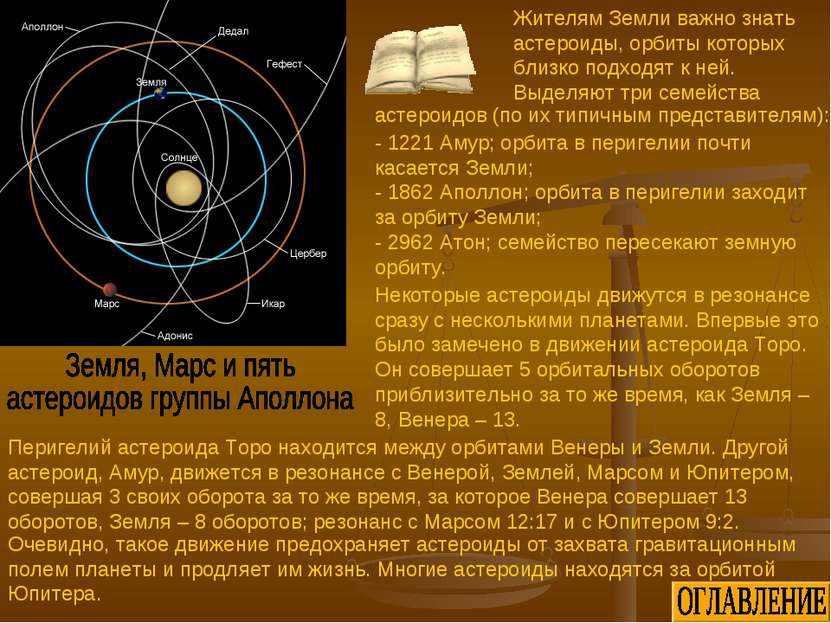 - 1221 Амур; орбита в перигелии почти касается Земли; - 1862 Аполлон; орбита ...