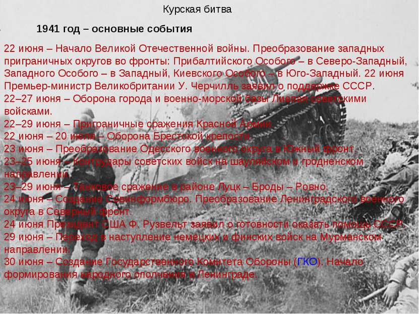Курская битва Курская битва 1941 год – основные события 22 июня – Начало Вели...