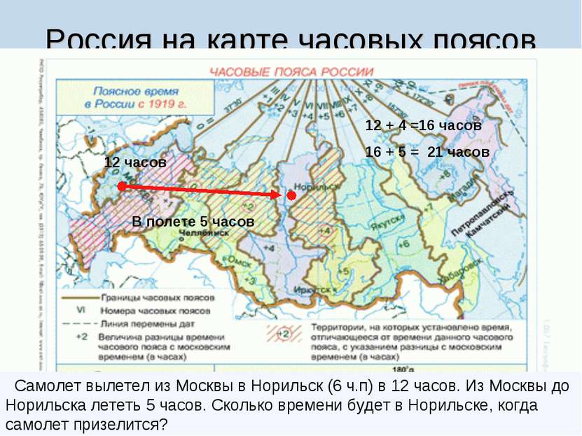 Россия на карте часовых поясов Самолет вылетел из Москвы в Норильск (6 ч.п) в...