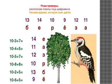 Реши примеры, расположи ответы под цифрами и Назови дерево, которое поит дятл...