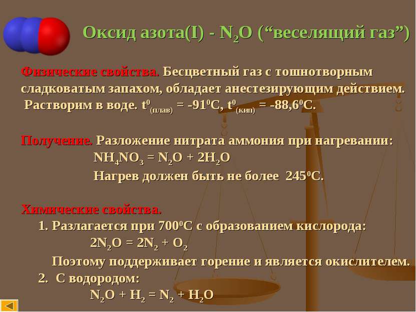 Оксид азота(I) - N2O (“веселящий газ”) Физические свойства. Бесцветный газ с ...