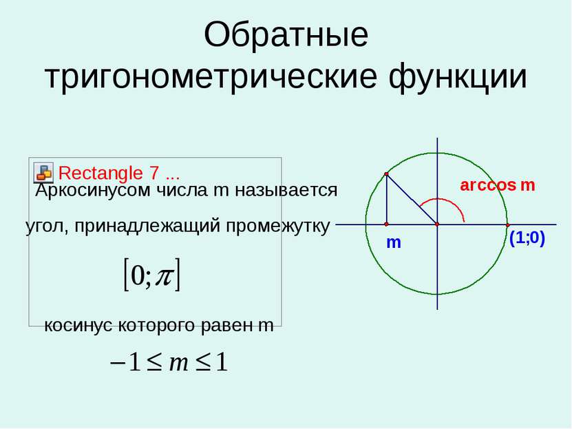 угол, принадлежащий промежутку Аркосинусом числа m называется Обратные тригон...