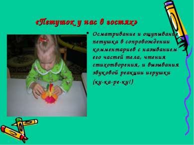 «Петушок у нас в гостях» Осматривание и ощупывание петушка в сопровождении ко...