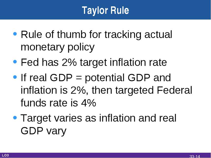 Taylor Rule Rule of thumb for tracking actual monetary policy Fed has 2% targ...