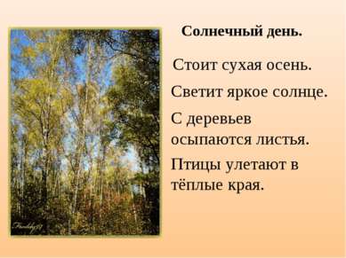 Стоит сухая осень. Светит яркое солнце. С деревьев осыпаются листья. Птицы ул...
