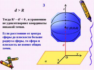 α y x d z C (0;0;d) O 3 d > R Тогда R2 – d2 < 0 , и уравнению не удовлетворяю...