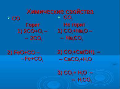 Химические свойства СО Горит 1) 2СО+О2→ → 2СО2 2) FeO+СО→ →Fe+CO2 СО2 Не гори...
