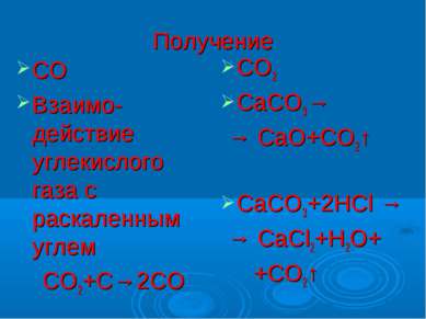 Получение СО Взаимо-действие углекислого газа с раскаленным углем СО2+С→2СО С...