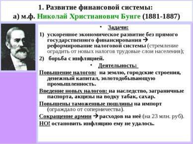 1. Развитие финансовой системы: а) м.ф. Николай Христианович Бунге (1881-1887...