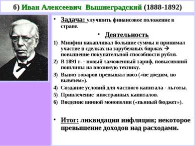 б) Иван Алексеевич Вышнеградский (1888-1892) Задача: улучшить финансовое поло...