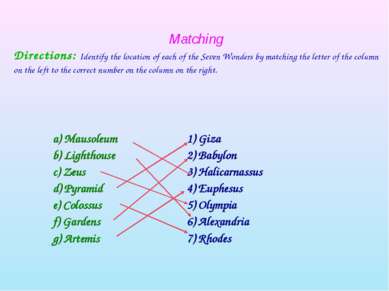 Matching Directions: Identify the location of each of the Seven Wonders by ma...