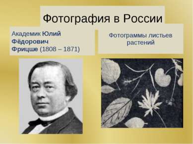 Фотография в России Академик Юлий Фёдорович Фрицше (1808 – 1871) Фотограммы л...