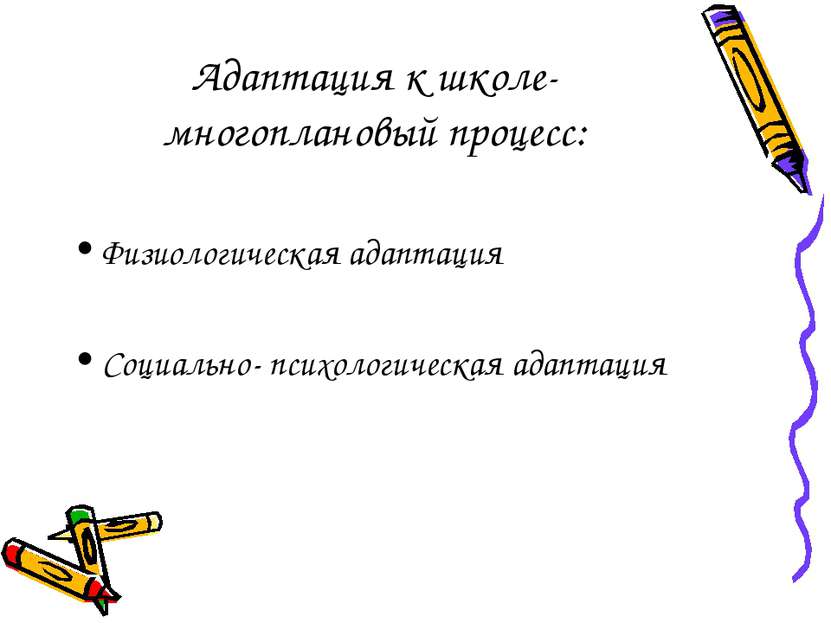 Адаптация к школе- многоплановый процесс: Физиологическая адаптация Социально...