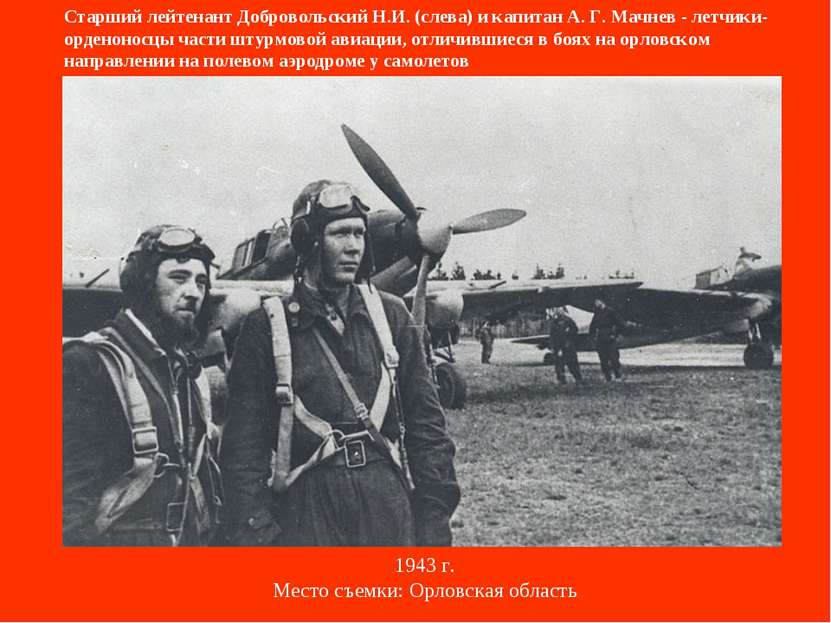 Старший лейтенант Добровольский Н.И. (слева) и капитан А. Г. Мачнев - летчики...