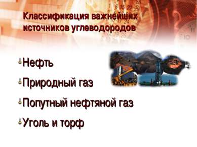 Классификация важнейших источников углеводородов Нефть Природный газ Попутный...