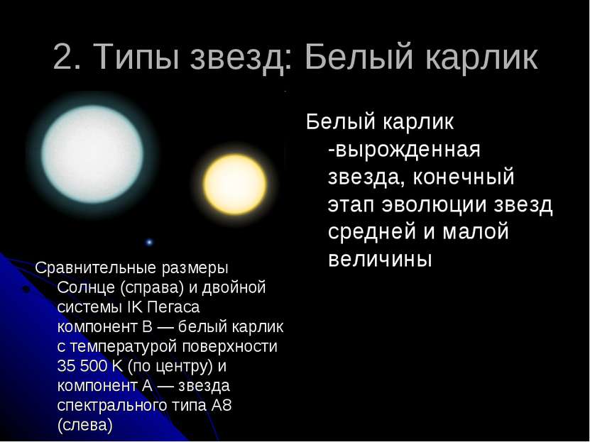2. Типы звезд: Белый карлик Сравнительные размеры Солнце (справа) и двойной с...