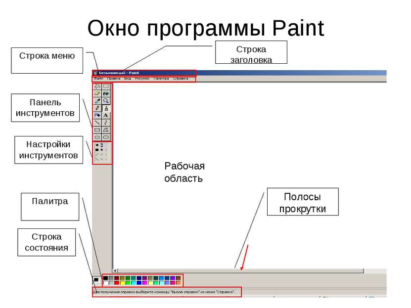 Окно программы Paint Строка заголовка Строка меню Панель инструментов Настрой...