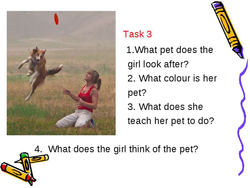 Task 3 1.What pet does the girl look after? 2. What colour is her pet? 3. Wha...