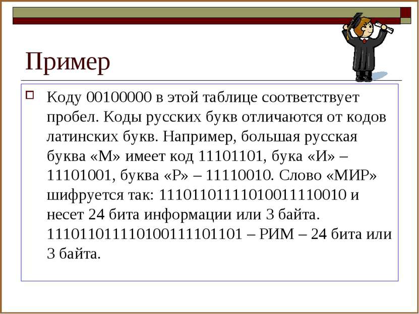 Пример Коду 00100000 в этой таблице соответствует пробел. Коды русских букв о...