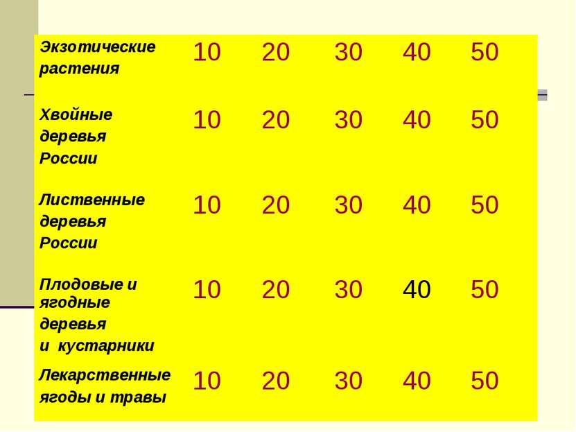 Экзотические растения 10 20 30 40 50 Хвойные деревья России 10 20 30 40 50 Ли...