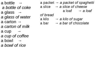 a bottle → a bottle of coke a glass → a glass of water a carton → a carton of...