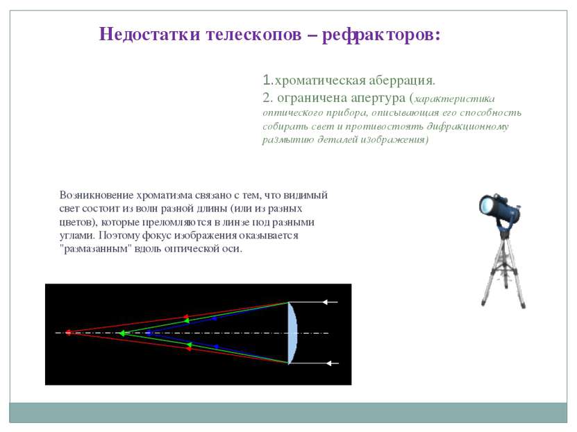 Недостатки телескопов – рефракторов: 1.хроматическая аберрация. 2. ограничена...