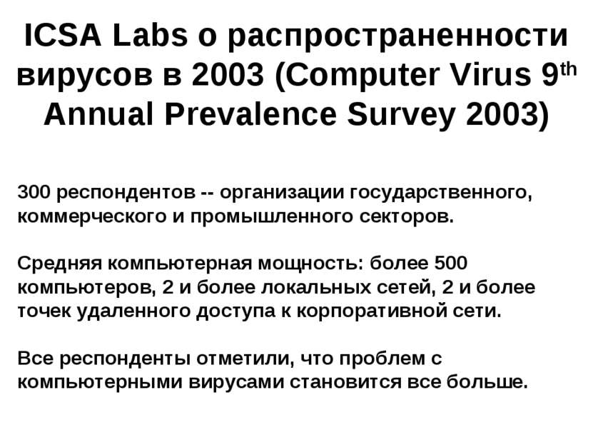 ICSA Labs о распространенности вирусов в 2003 (Computer Virus 9th Annual Prev...