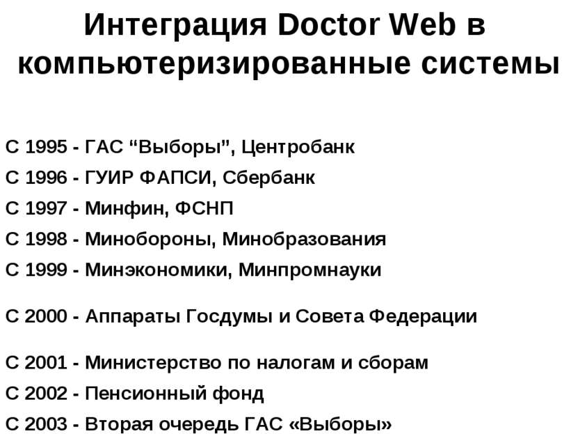 Интеграция Doctor Web в компьютеризированные системы С 1995 - ГАС “Выборы”, Ц...