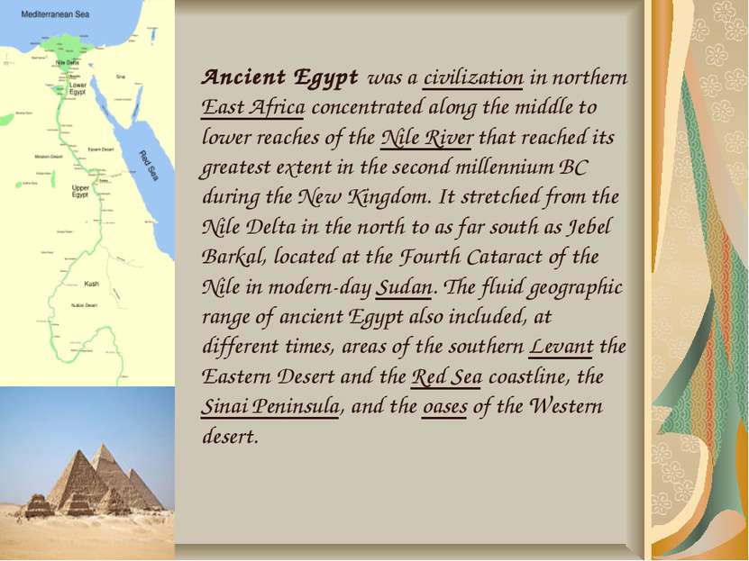Ancient Egypt was a civilization in northern East Africa concentrated along t...