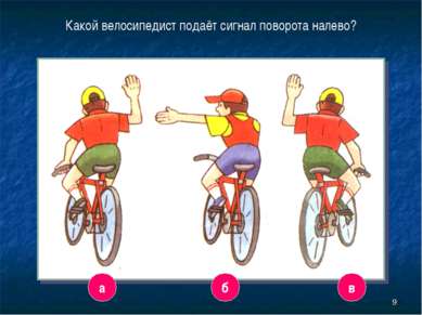 * Какой велосипедист подаёт сигнал поворота налево? а б в