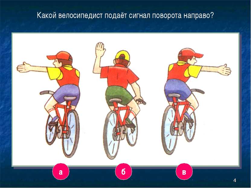 * Какой велосипедист подаёт сигнал поворота направо? а в б