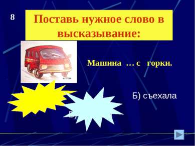 Поставь нужное слово в высказывание: А) сйехала Б) съехала В) сйэхала Машина ...