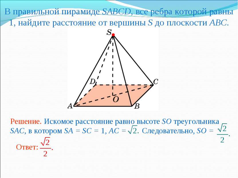 В правильной пирамиде SABCD, все ребра которой равны 1, найдите расстояние от...