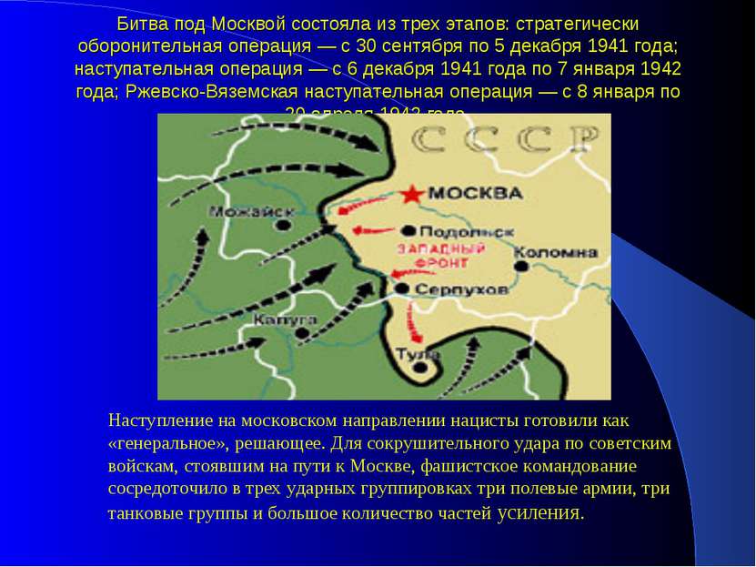 Битва под Москвой состояла из трех этапов: стратегически оборонительная опера...