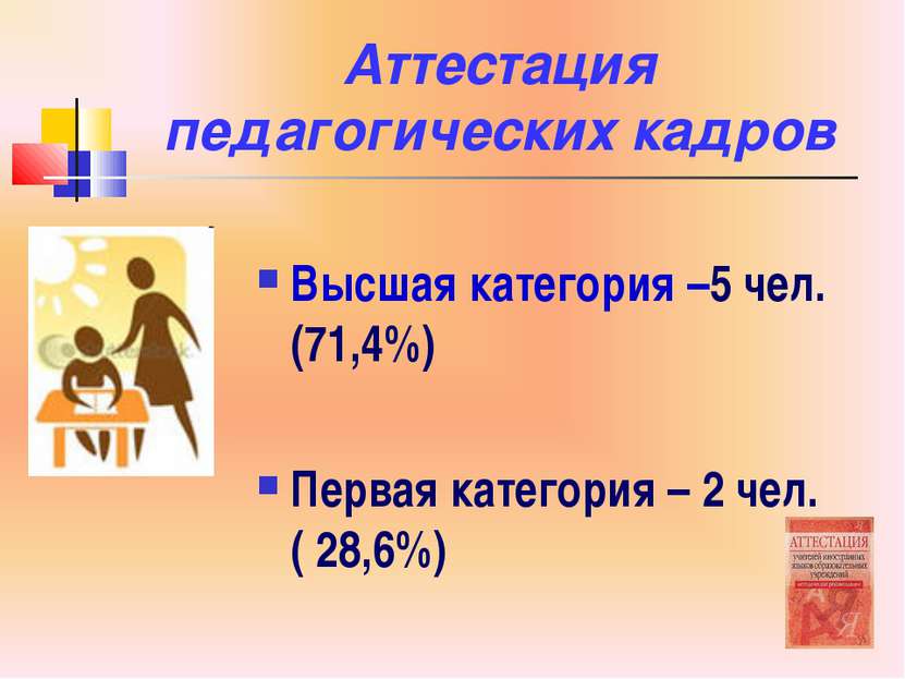 Аттестация педагогических кадров Высшая категория –5 чел. (71,4%) Первая кате...