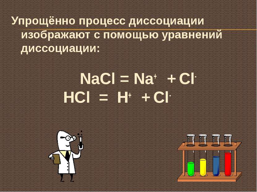 Упрощённо процесс диссоциации изображают с помощью уравнений диссоциации: NaC...