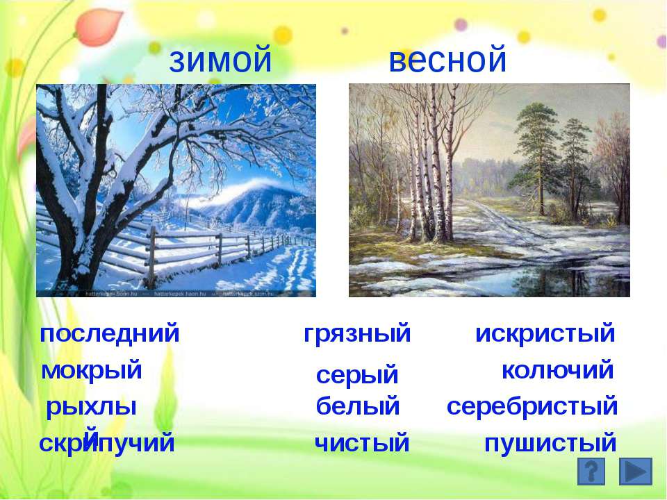 Весенний снег слова. Зима прилагательные. Прилагательные на тему зима. Прилагательное к зиме.