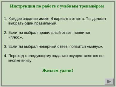 Инструкция по работе с учебным тренажёром Каждое задание имеет 4 варианта отв...