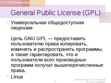 General Public License (GPL) Универсальная общедоступная лицензия Цель GNU GP...