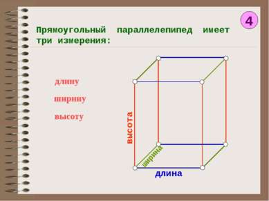 4 Прямоугольный параллелепипед имеет три измерения: длину ширину высоту длина...