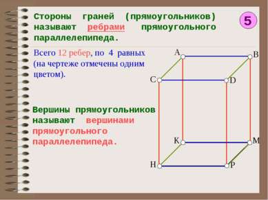 5 Стороны граней (прямоугольников) называют ребрами прямоугольного параллелеп...