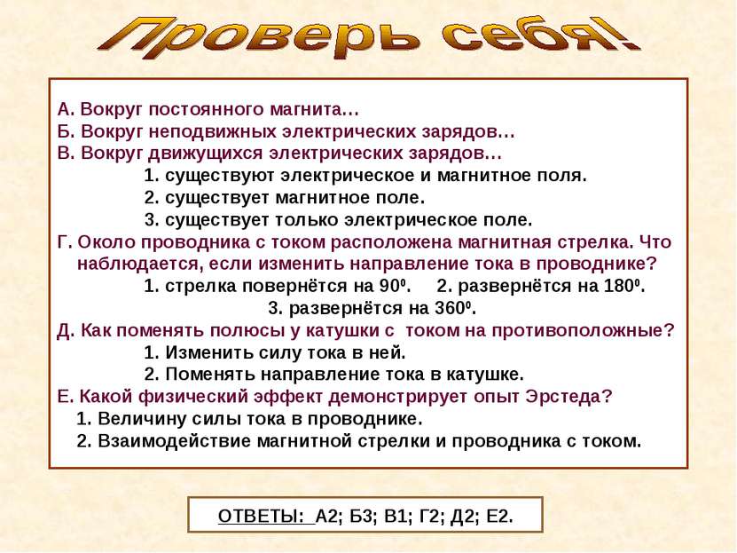 А. Вокруг постоянного магнита… Б. Вокруг неподвижных электрических зарядов… В...