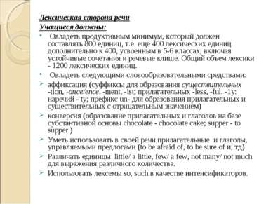 Лексическая сторона речи Учащиеся должны: Овладеть продуктивным минимум, кото...