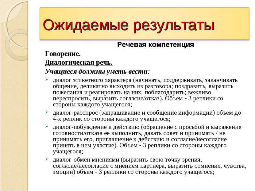 Речевая компетенция Говорение. Диалогическая речь. Учащиеся должны уметь вест...