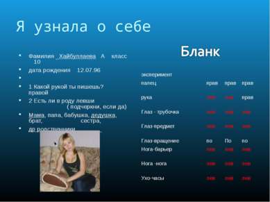 Я узнала о себе Фамилия _Хайбуллаева А класс 10 дата рождения 12.07.96   1 Ка...