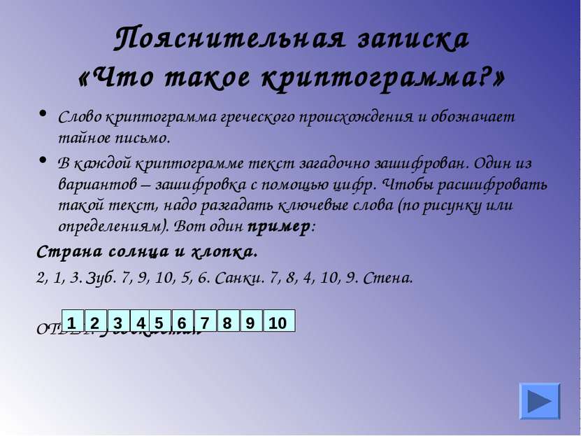 Пояснительная записка «Что такое криптограмма?» Слово криптограмма греческого...